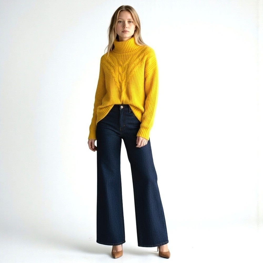 Lands' End Turtleneck Sweater Womens M Yellow Excellent Cable Knit Chunky Cotton - Picture 2 of 10